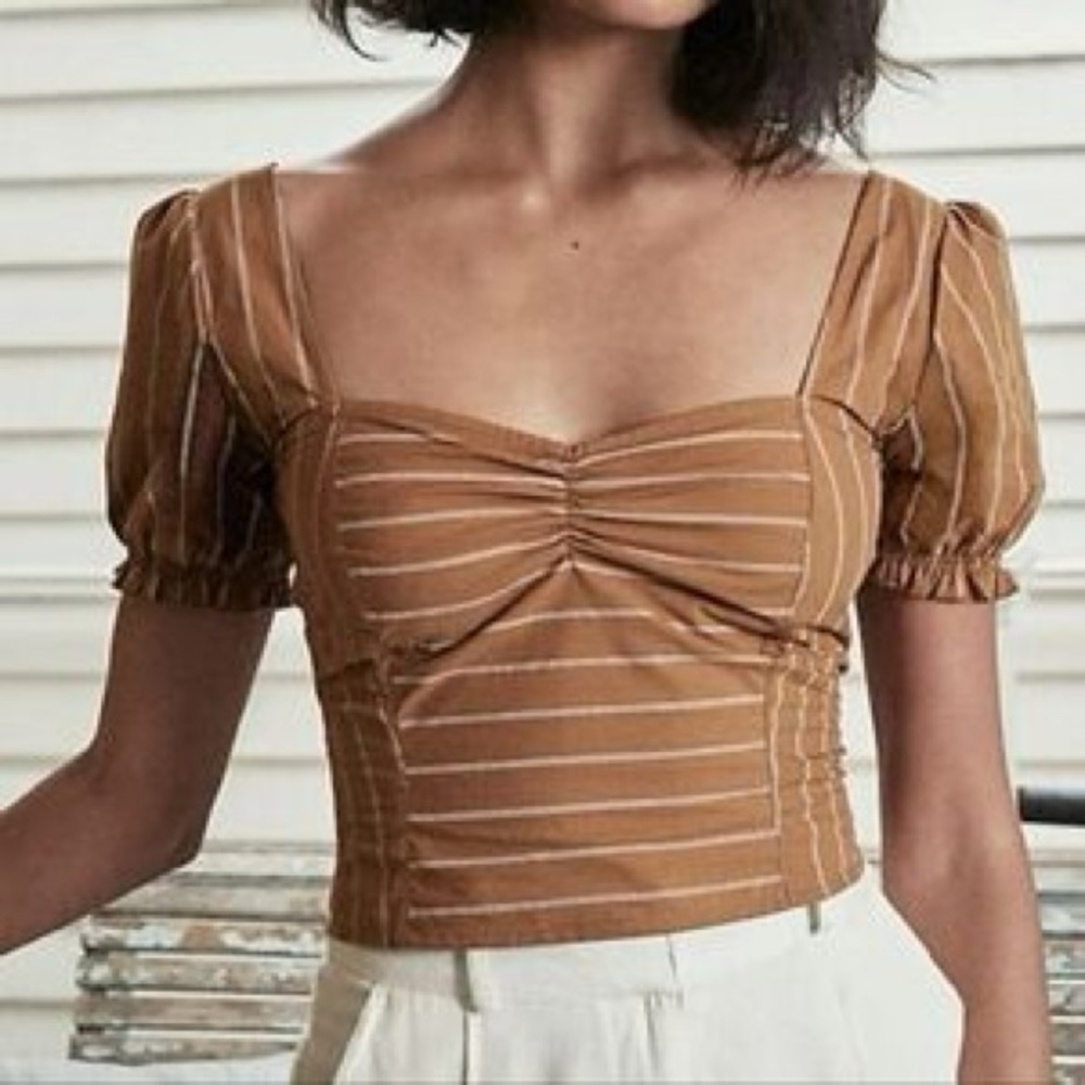 Free People XS Womens Multicolor Striped Boho Indie Puff Sleeve Crop Top Blouse